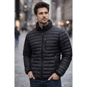 Free Country Puffer Jacket Mens L Black Quilted Camo Down Insulated Quilted Warm